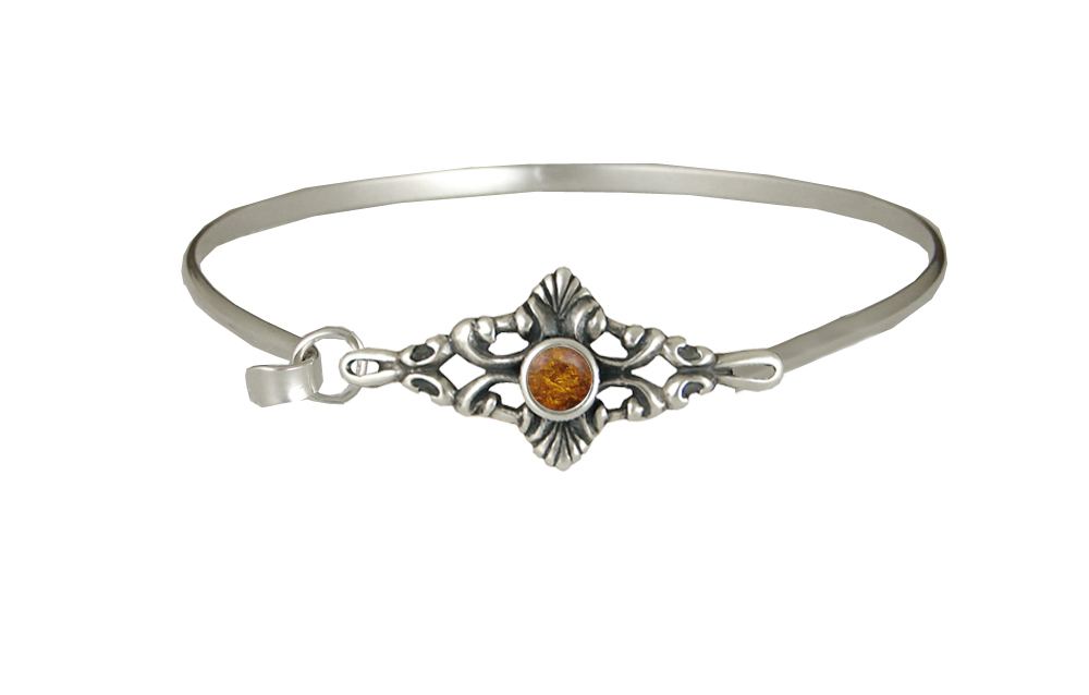 Sterling Silver Victorian Strap Latch Spring Hook Bangle Bracelet With Amber